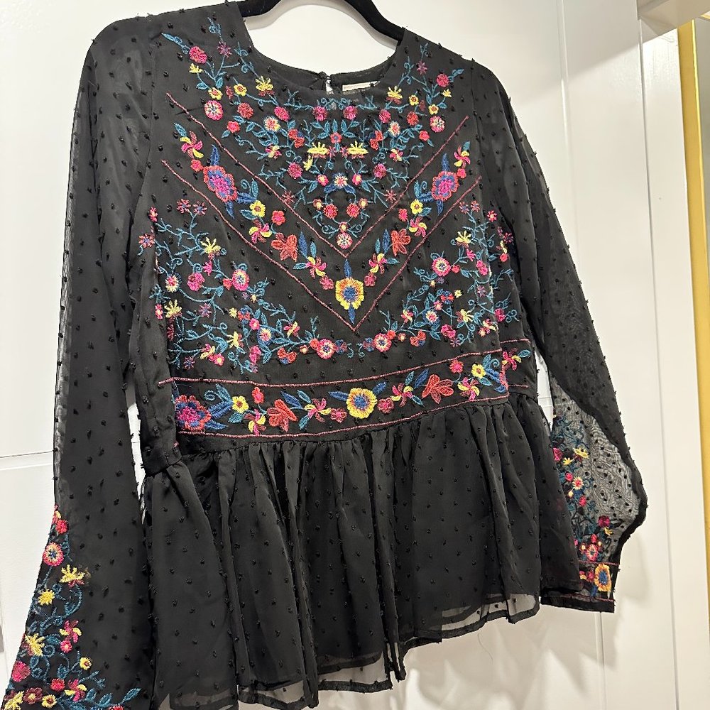 Allison New York Size S Black Swiss Dot Floral Embroidered Chiffon Peplum Top